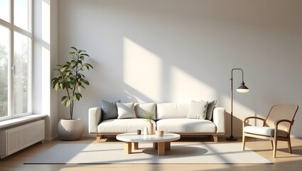 Bright Minimalist Living Room with Natural Light and Modern Furniture for a Calm and Serene Home Environment