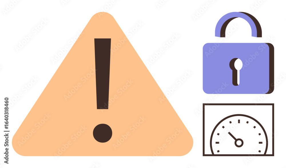 Poster triangular warning with exclamation, secure padlock, and circular speedometer visualize alertness, s