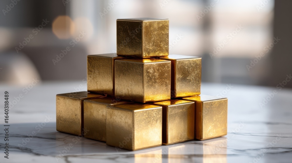 Poster a stack of shiny gold cubes arranged on a marble surface, reflecting light, creating an elegant and 