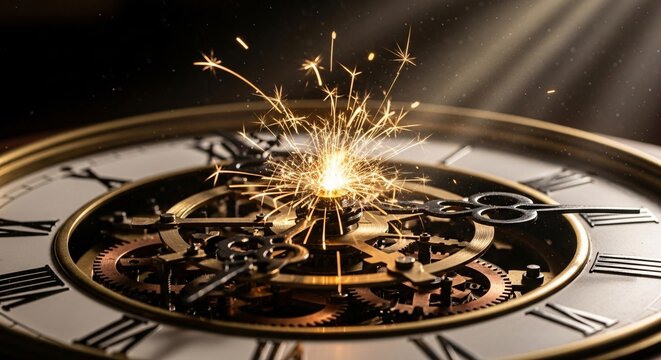 Close up of a clock face with sparklers exploding in the center of the clock mechanism detail