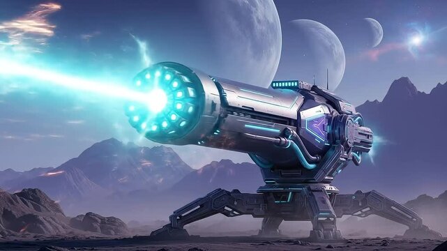 A futuristic cannon fires a blue energy beam on an alien planet