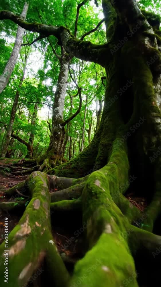 Poster lush forest with towering trees covered in green moss and exposed root systems creating a tranquil a