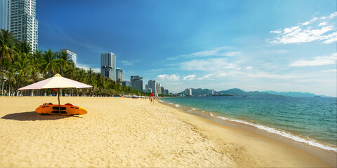  Beautiful view of Nha Trang beach in Vietnam. Touriistic resort in Southern Asia. Panorama with place for text.