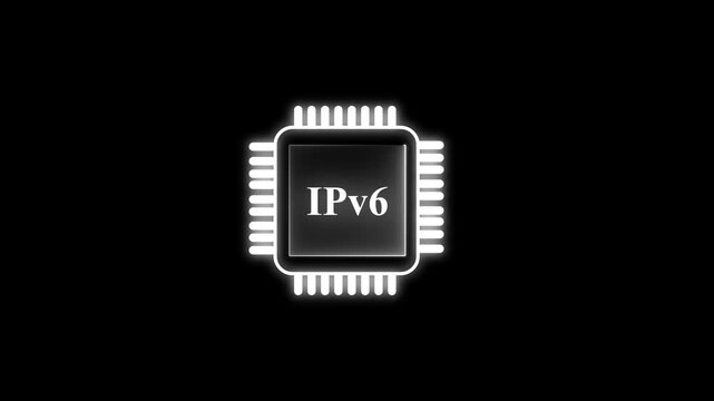 abstract glowing IPv6 processor with connections and signals. Technology IPv6 background. Pulses and signals from the chip propagate through the motherboard. 4k animation