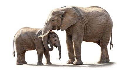 Fototapeta premium An affectionate mother elephant and her young calf sharing a tender moment together, isolated on a white background.