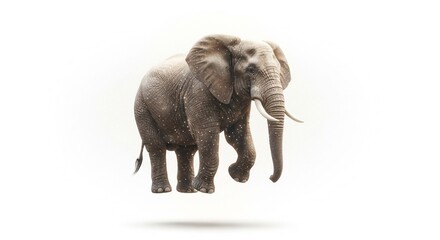 Fototapeta premium A majestic African elephant with tusks walking forward, isolated on a pure white background with a floating effect.