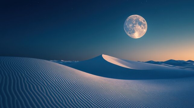 A serene desert landscape at night, featuring soft sand dunes illuminated by the bright full moon against a deep blue sky. - Powered by Adobe