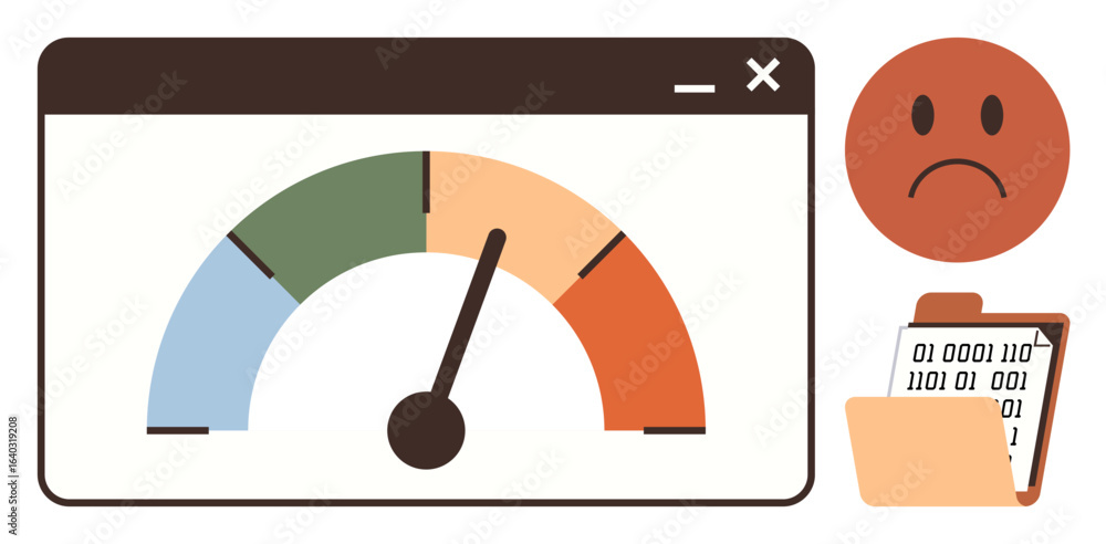 Aufkleber performance meter with low score, sad face emotion, and folder with data. ideal for performance anal