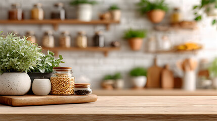 Wooden board with plants and jars on kitchen counter