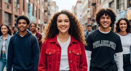 A group of young people walking down a city street, smiling broadly. back to school