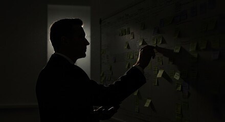 Focused businessman strategizing with sticky notes on a planning board, illuminated by dramatic side lighting for peak productivity and innovation.