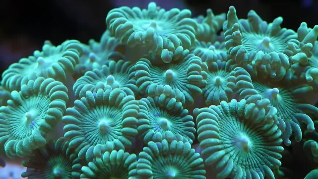 Detailed Close up of Vibrant Green Zoanthids Coral Polyps Sea Mats in Reef Aquarium with Black Background Showcasing Intricate Patterns and Textures and Subtle Glow Under Low Angle in Marine Setting