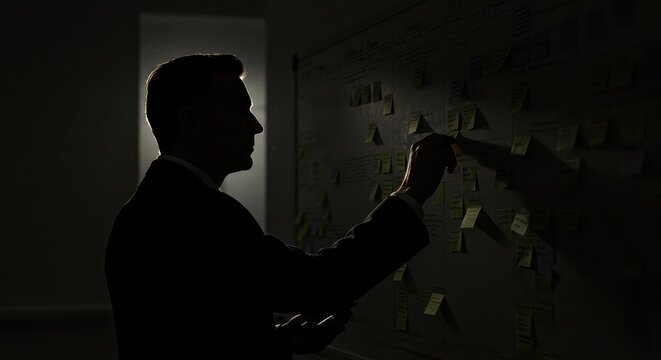 Focused businessman strategizing with sticky notes on a planning board, illuminated by dramatic side lighting for peak productivity and innovation.