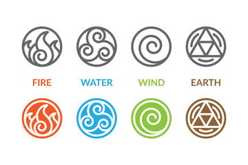 Symbols of the elements fire, water, wind and earth.