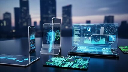 Futuristic tech with holographic displays and VR headset - Powered by Adobe