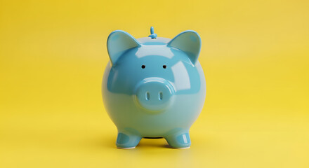 Ceramic colorful piggy bank on yellow background. Money saving
