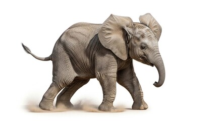 Obraz premium Side profile of a young African elephant calf running and kicking up dust, isolated on a white background.