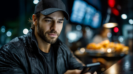 Obraz premium Delivery Rider Scans QR on Smartwatch at Store 