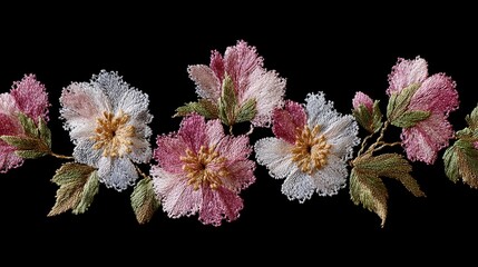 A delicate embroidered floral border against a black backdrop, showcasing pink and white blooms with green foliage