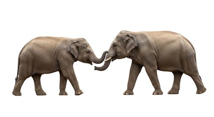 Obraz premium Two Asian elephants stand face to face, their trunks intertwined in a gesture of affection against a white background.