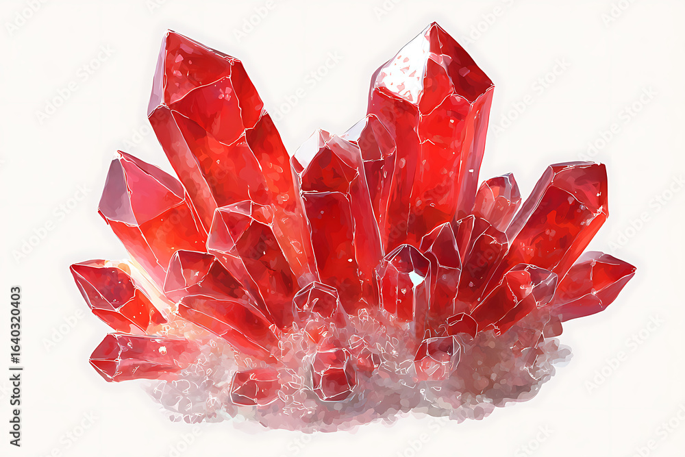 Poster vibrant red crystal cluster showcasing sharp formations and sparkling facets against a soft backgrou