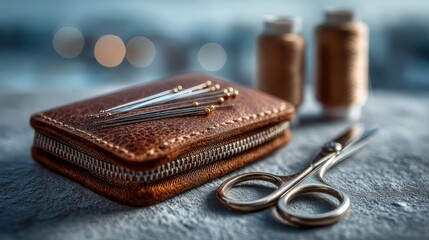 A close-up of a leather sewing kit containing needles, thread spools, and scissors, highlighting crafting tools on a textured surface.