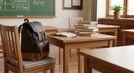 A classroom setting with a backpack and stack of books on a wooden table. back to school