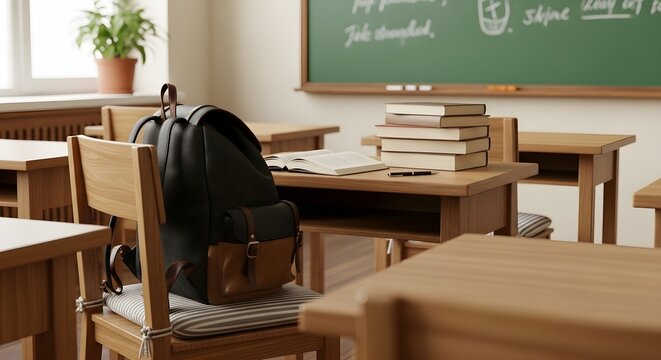 A classroom setting with a backpack and books on a wooden desk. back to school - Powered by Adobe