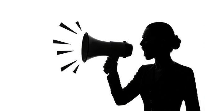 Dynamic businesswoman silhouetted announcing important news with a powerful megaphone, commanding attention and conveying urgency