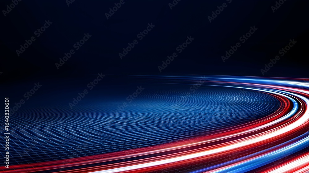 Poster the image features a dark blue background with a grid-like pattern and streaks of red, white, and bl