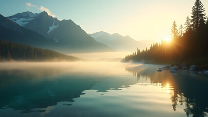 Breathtaking Sunrise Over a Tranquil, Misty Lake with Majestic Mountains and Forest
