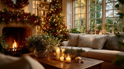 Cozy Christmas Ambiance: An inviting living room transforms into a Christmas haven, adorned with festive decorations, the crackling fireplace sets a warm scene with cozy illumination. 