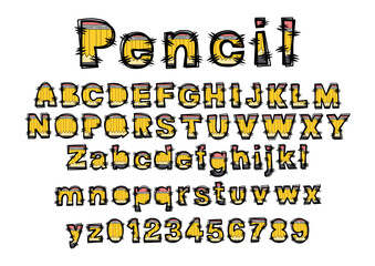 Pencil font with playful rough black outlines, yellow and red, Includes uppercase, lowercase, and numbers, perfect for school or creative design projects.
