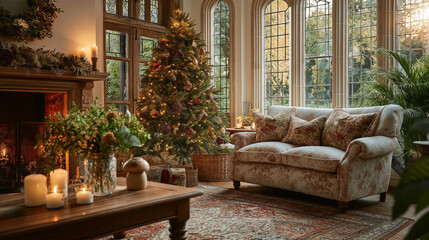 Cozy Christmas living room: A festive living room, illuminated by warm light, showcases a decorated Christmas tree beside a inviting sofa and crackling fireplace.