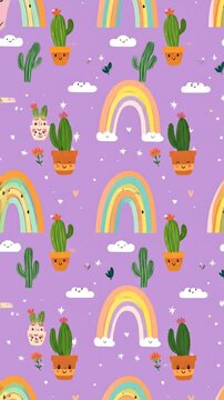 Vibrant Pattern with Smiling Cactus in Pots and Colorful Rainbows Against a Light Purple Background