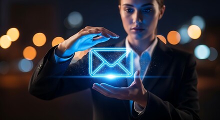 Woman holding glowing email symbol business suit