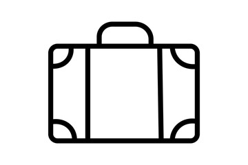 The image shows a simple black outline of a suitcase. It has a rectangular shape with a handle on top and reinforced corners, representing travel or vacation luggage.