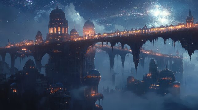 A mystical cityscape with illuminated buildings and a majestic bridge, set against a starry night sky, creating an enchanting atmosphere.