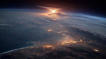 Earth's Night Spectacle: An extraordinary view of the Earth, illuminated by city lights and an aurora, against the backdrop of the vast, star-studded cosmos.