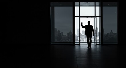 Confident businessman waving hello from office doorway with stunning city skyline background, symbolizing new beginnings and success