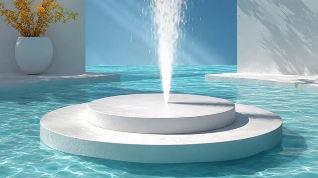 A modern, minimalistic white circular platform floats in a clear blue pool beside a white wall and a large potted plant.