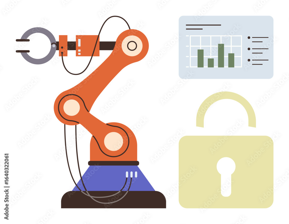 Poster robotic arm performing task, data chart visualizing metrics, yellow padlock symbolizing security. id