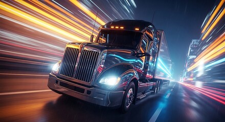 Shiny truck speeding through neon city lights semi truck