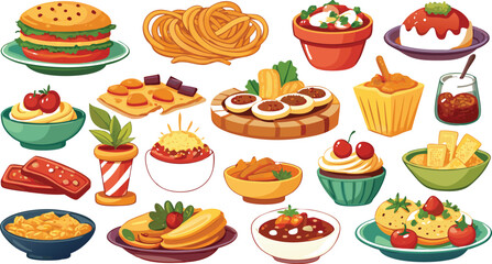 Assortment of delicious cartoon food items burger pasta