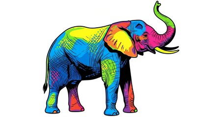 Fototapeta premium A colorful graphic illustration of an elephant with its trunk raised, painted in vibrant, psychedelic colors.