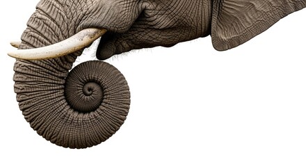 Profile view of an elephant with a tusk and its trunk curled into an intricate spiral.