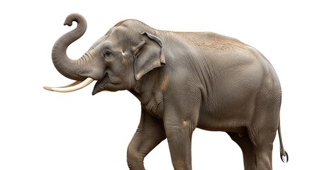 A majestic male Asian elephant with large tusks walking with its trunk raised high on a white background. © budi
