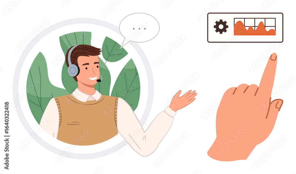Poster customer service agent wearing a headset, gestures while speaking. hand points to analytics chart on