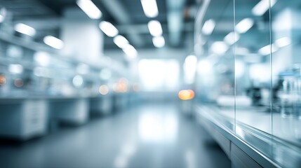 Blurred interior of a modern laboratory with bright lights and clean surfaces.