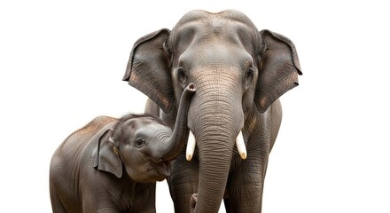 Obraz premium An affectionate baby elephant reaches its trunk up to its mother, an adult Asian elephant with tusks, isolated on a white background.